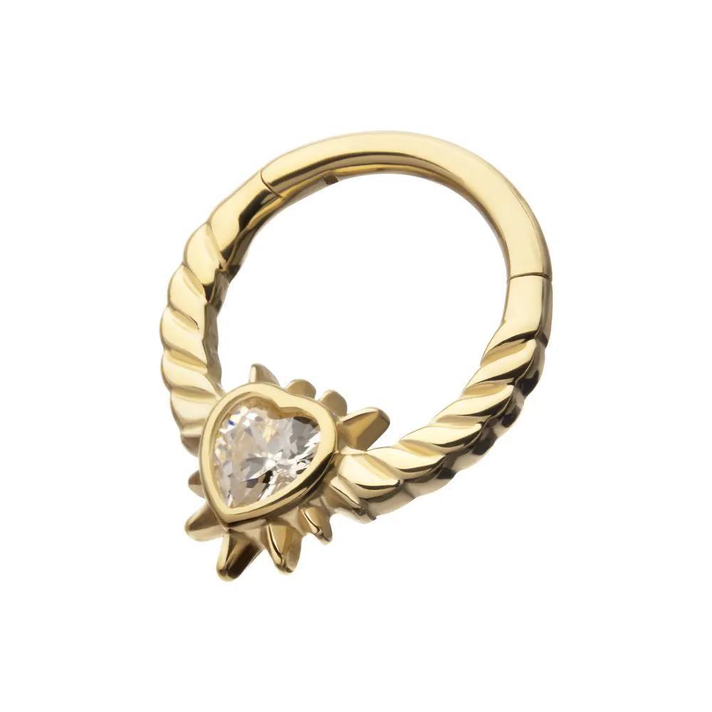 Invictus | 14k gold | Spike Edge Bezel Heart Gem | Front Facing Hinged Hoop | Cubic Zirconia