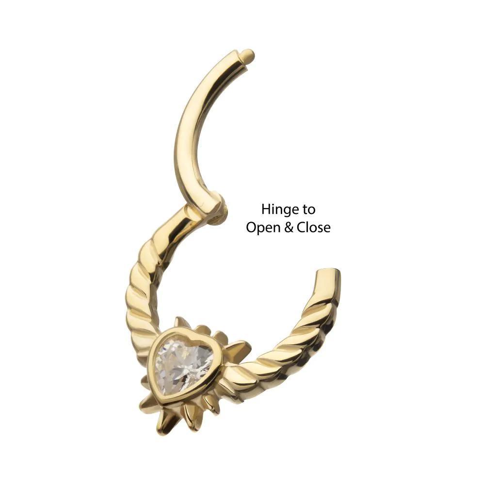 Invictus | 14k gold | Spike Edge Bezel Heart Gem | Front Facing Hinged Hoop | Cubic Zirconia