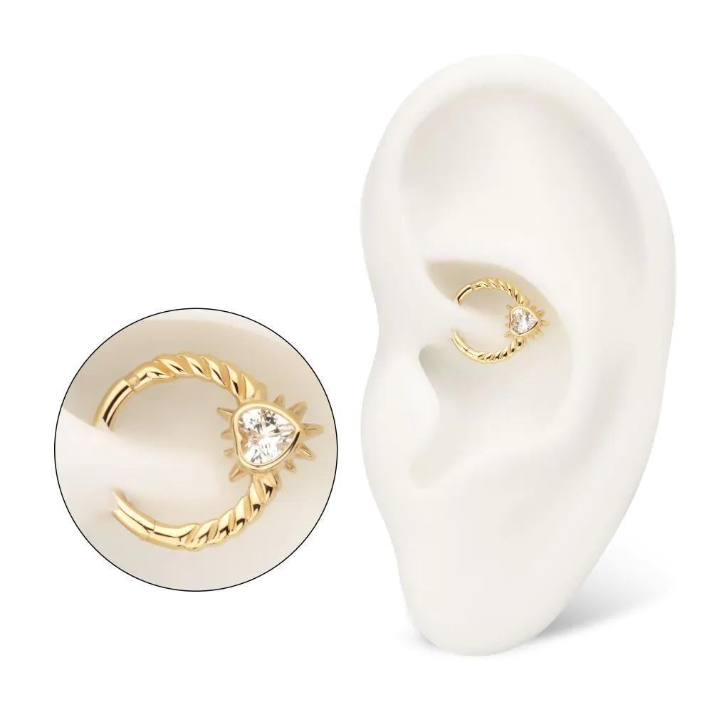 Invictus | 14k gold | Spike Edge Bezel Heart Gem | Front Facing Hinged Hoop | Cubic Zirconia