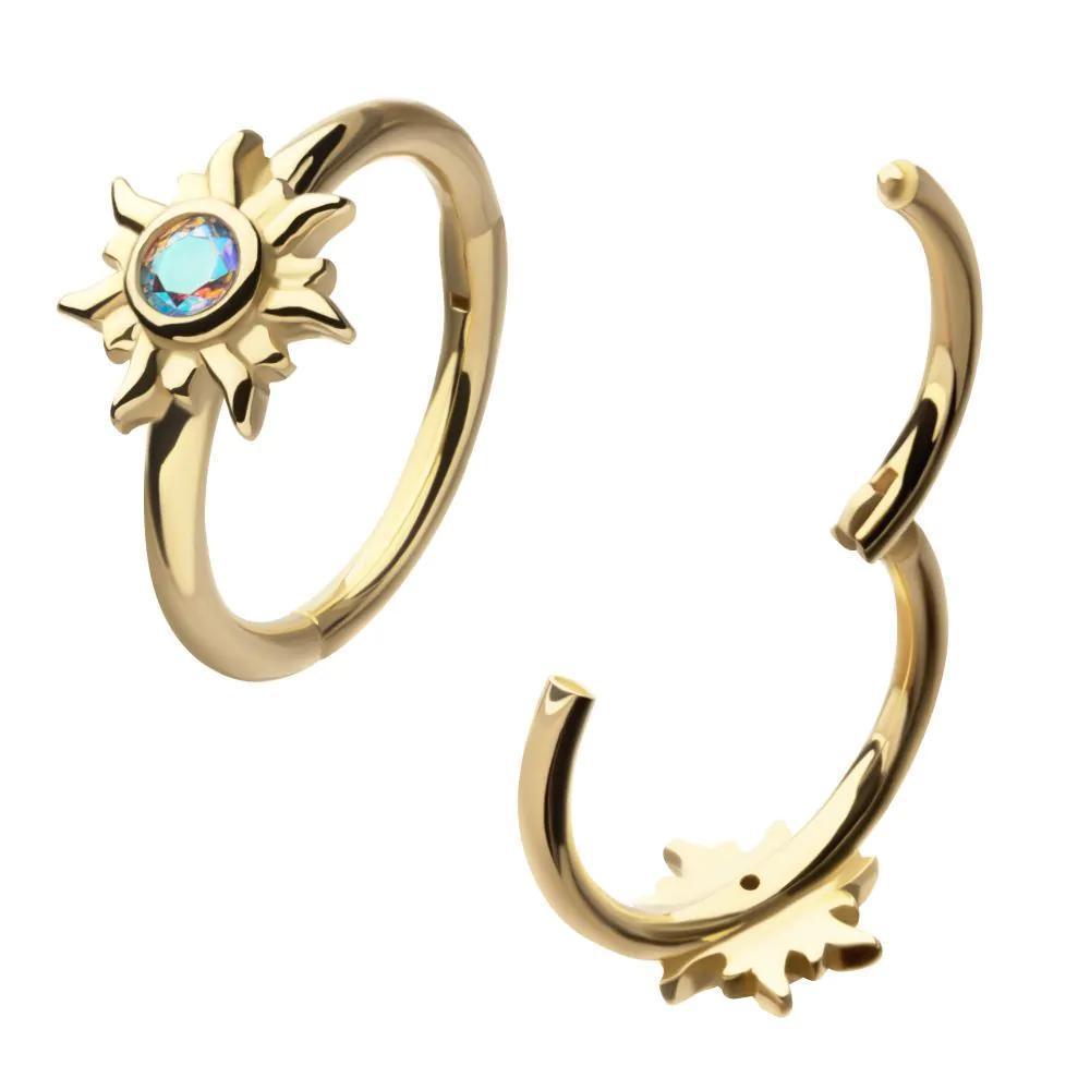 Invictus | 14k gold | Gem Sunburst | Side Facing Hinged Hoop | Cubic Zirconia