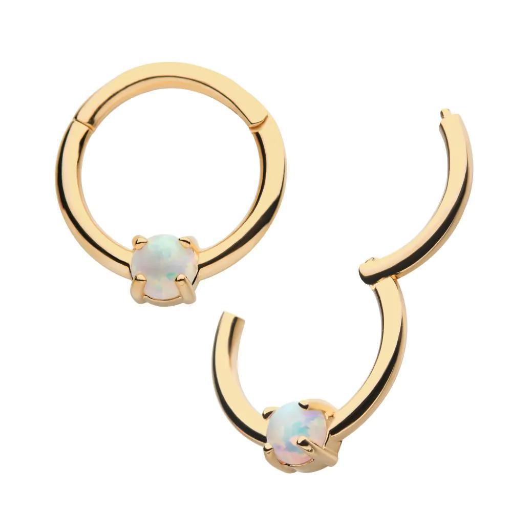 Invictus | 14k gold | White Opal Prong Set | Front Facing Hinged Hoop | Synthetic Opal