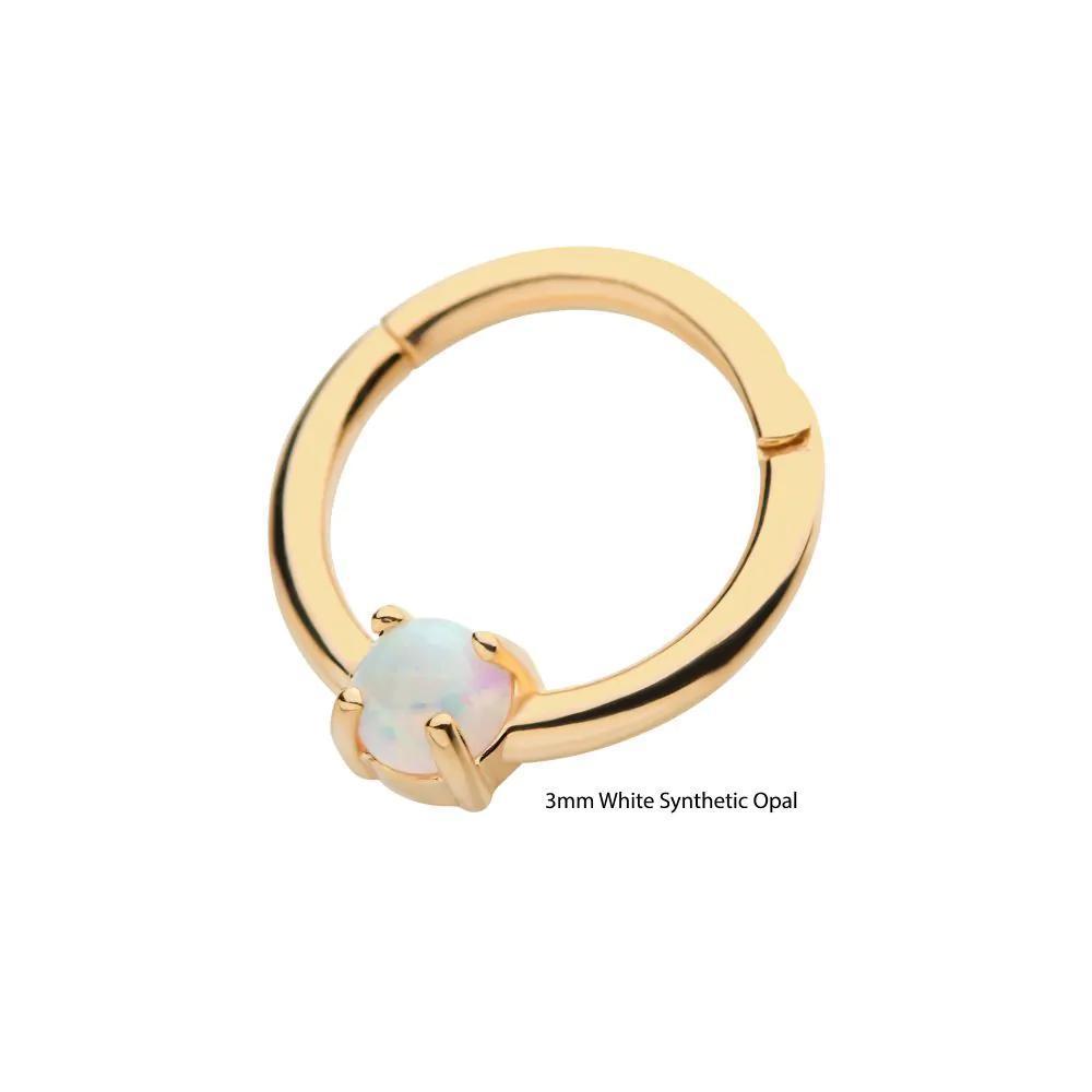 Invictus | 14k gold | White Opal Prong Set | Front Facing Hinged Hoop | Synthetic Opal