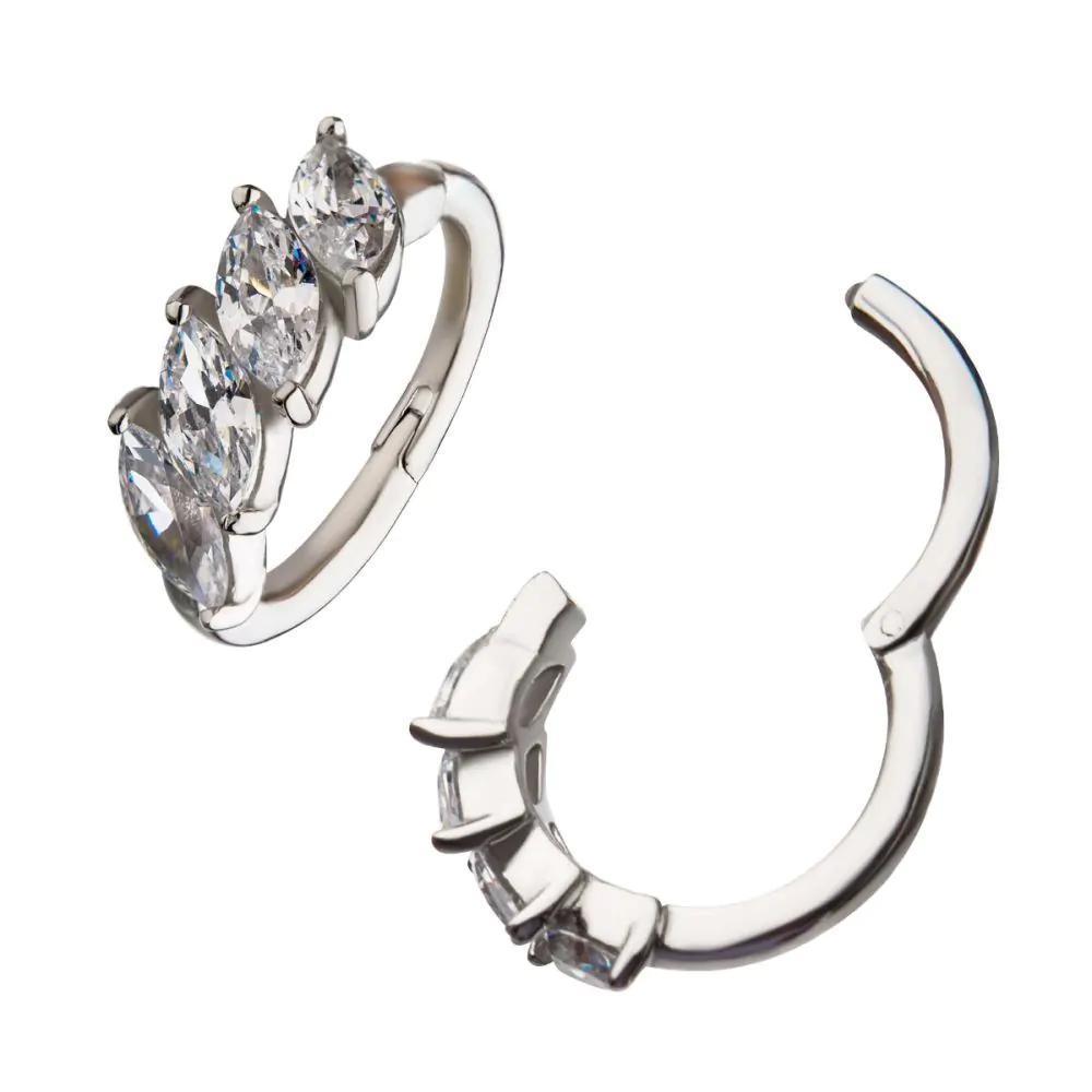 Invictus | 14k gold | 4 Clear CZ Prong Set | Side Facing Hinged Hoop | Cubic Zirconia
