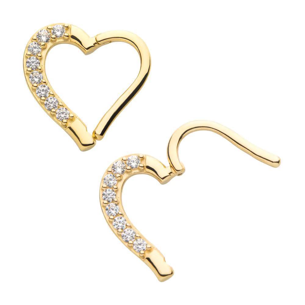 Invictus | 14k gold | CZ Heart (Right Ear) | Front Facing Hinged Hoop | Cubic Zirconia