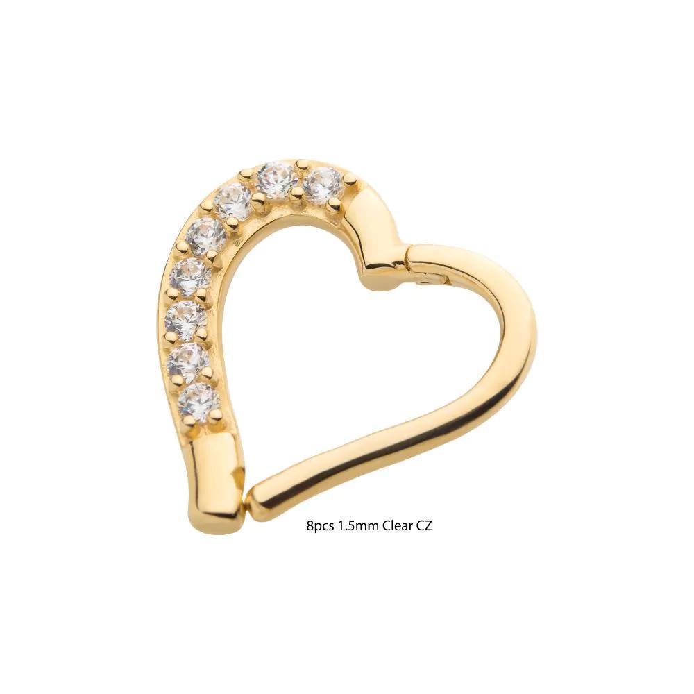 Invictus | 14k gold | CZ Heart (Right Ear) | Front Facing Hinged Hoop | Cubic Zirconia