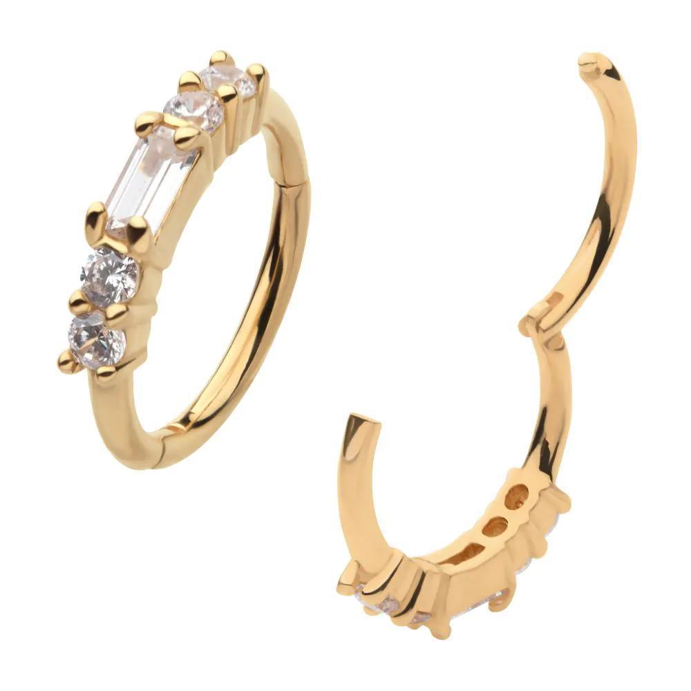 Invictus | 14k gold | 5-Cluster Round + Baguette Gem | Side Facing Hinged Hoop | Cubic Zirconia