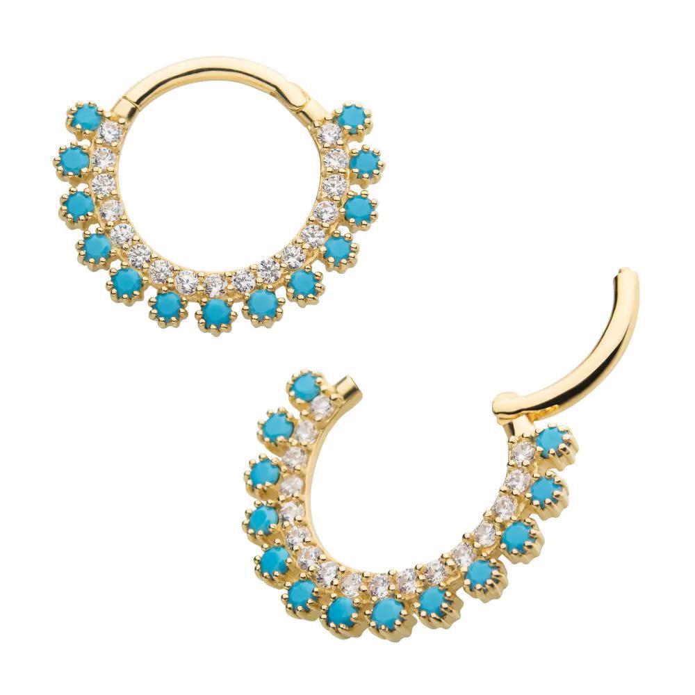 Invictus | 14k gold | Double Row Prong Set | Front Facing Hinged Hoop | Cubic Zirconia & Synthetic Turquoise