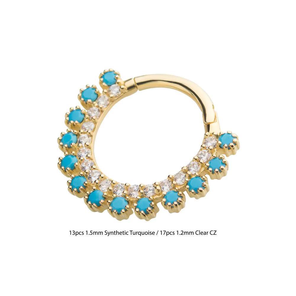 Invictus | 14k gold | Double Row Prong Set | Front Facing Hinged Hoop | Cubic Zirconia & Synthetic Turquoise