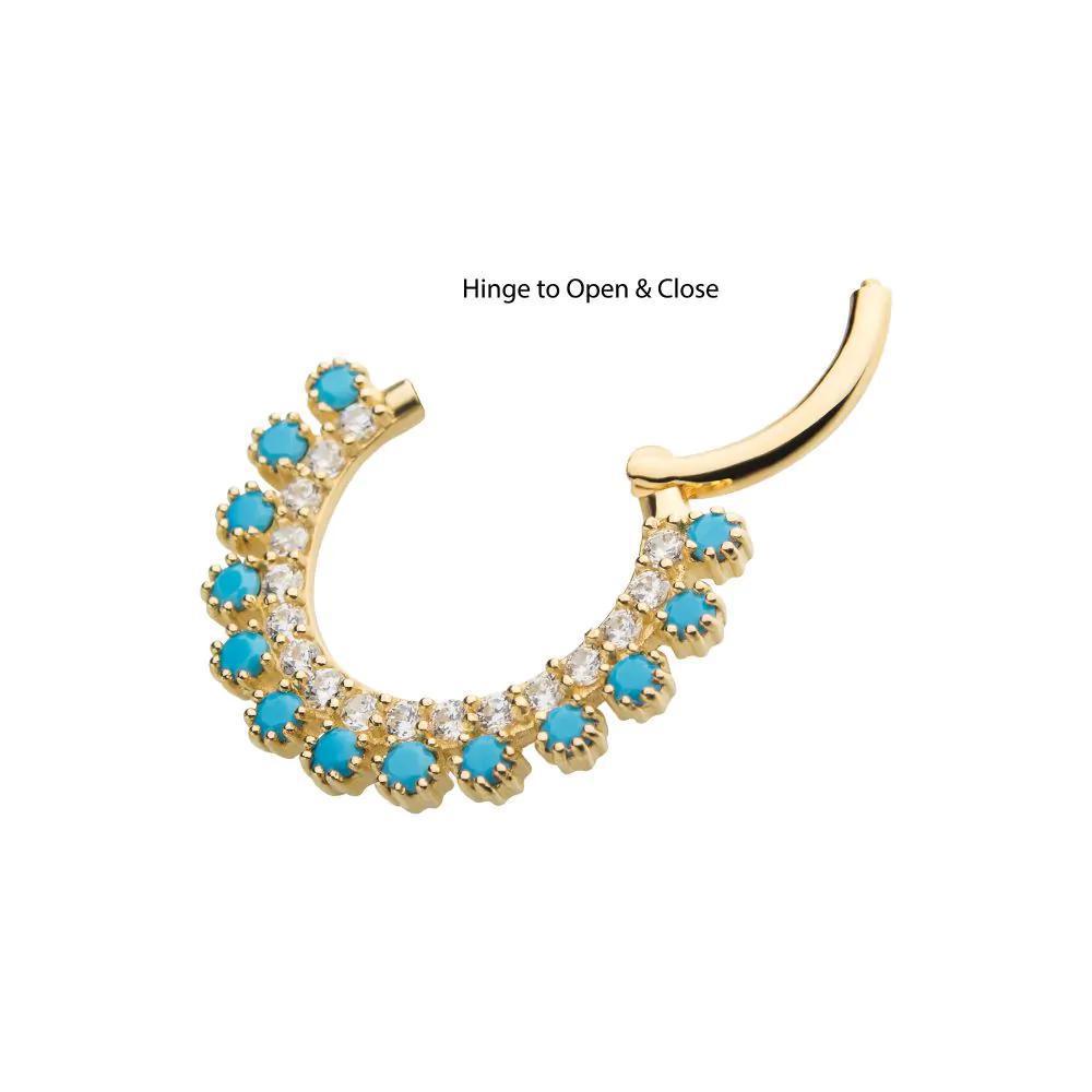 Invictus | 14k gold | Double Row Prong Set | Front Facing Hinged Hoop | Cubic Zirconia & Synthetic Turquoise