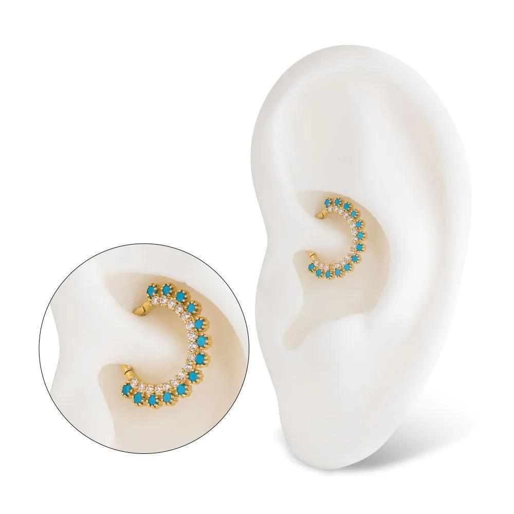 Invictus | 14k gold | Double Row Prong Set | Front Facing Hinged Hoop | Cubic Zirconia & Synthetic Turquoise