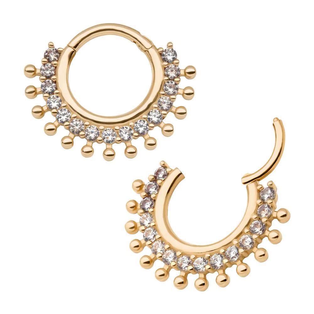 Invictus | 14k gold | 15 Cluster Prong Set CZ Beaded Edge Hinged Hoop | Cubic Zirconia