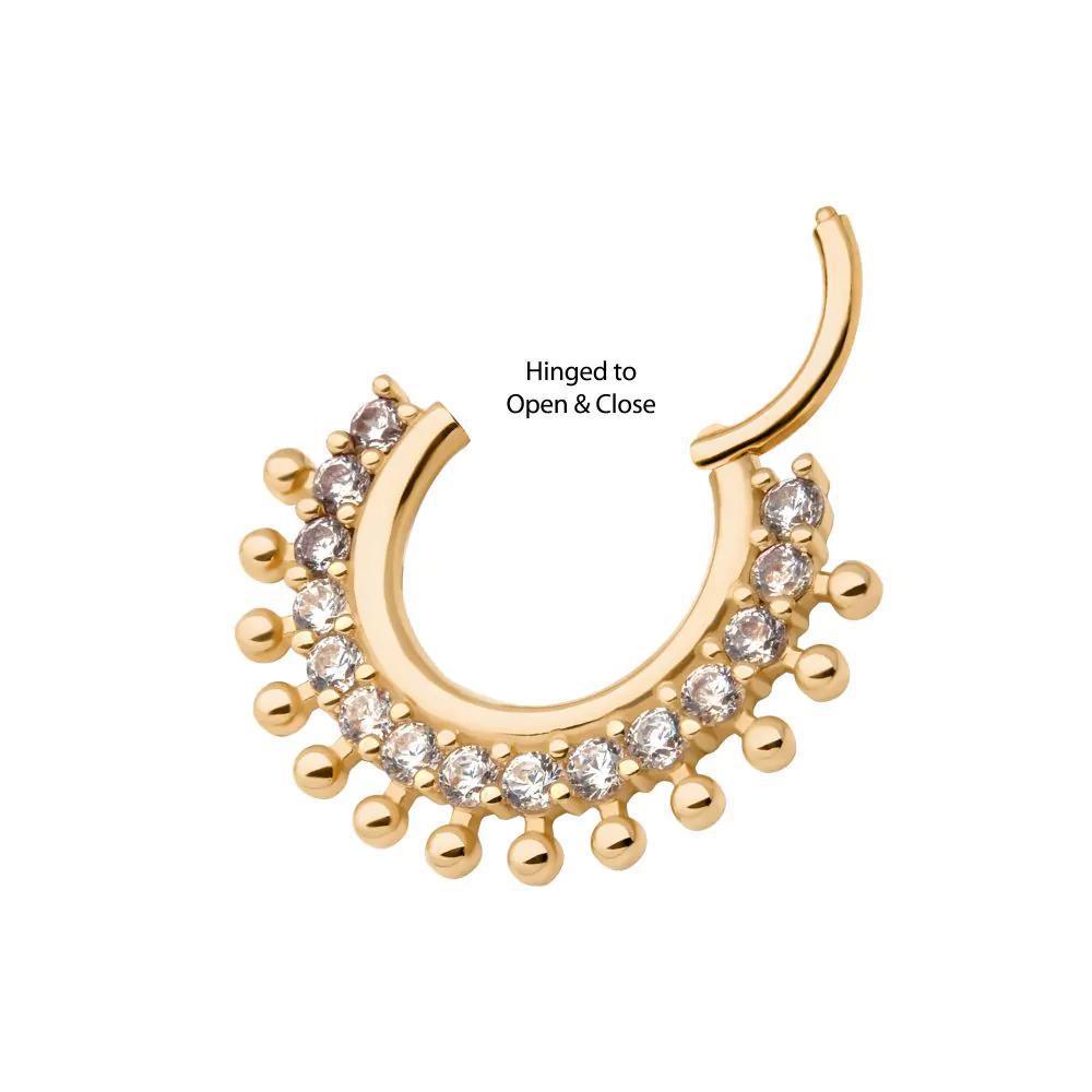 Invictus | 14k gold | 15 Cluster Prong Set CZ Beaded Edge Hinged Hoop | Cubic Zirconia