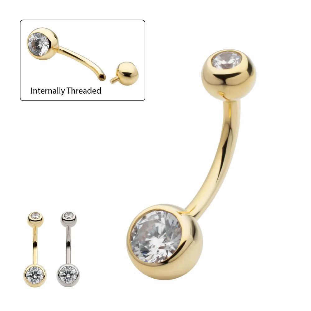 Invictus | 14k gold | Double Round Bezel Clear CZ Navel Curve | 14g 7/16