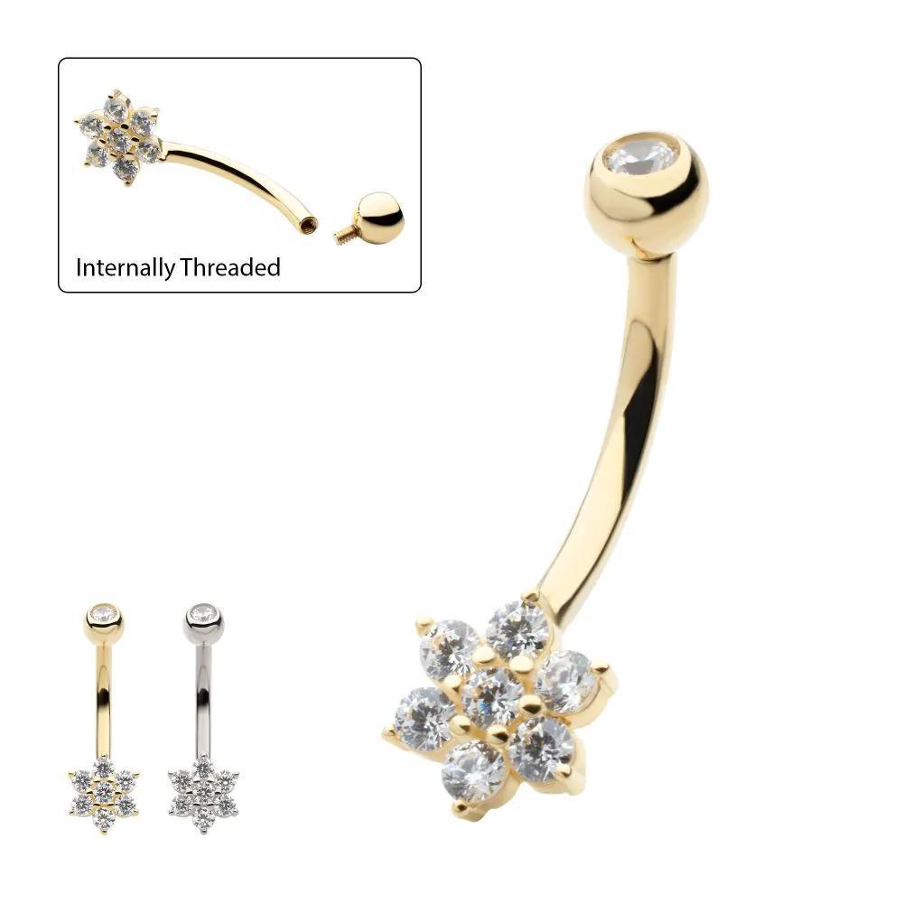 Invictus | 14k gold | Round Clear CZ Flower Shape Navel Curve | 14g 7/16
