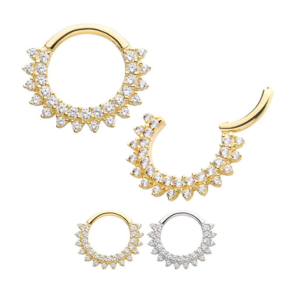 Invictus | 14k gold | Two Row Gem Cluster Front Facing Hinged Hoop | CZ