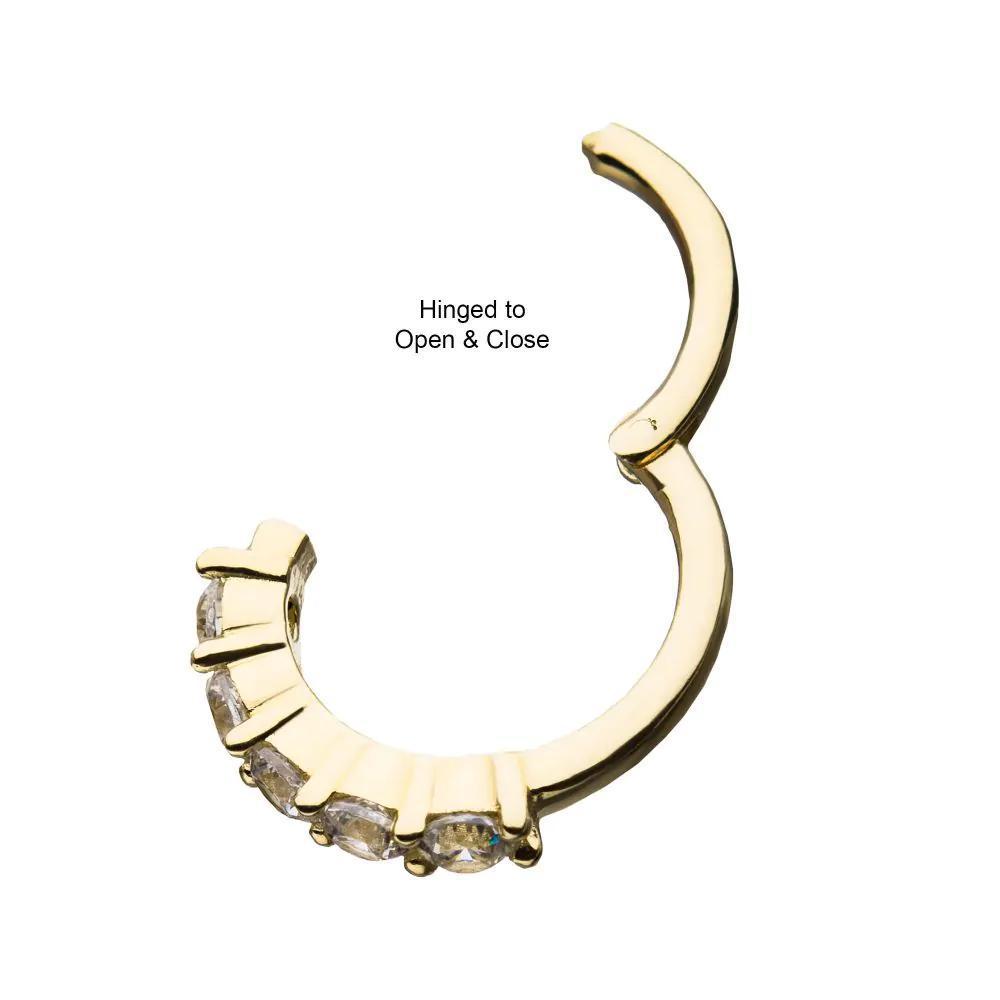 Invictus | 14k gold | Prong Set CZ | Side Facing Hinged Hoop | Cubic Zirconia