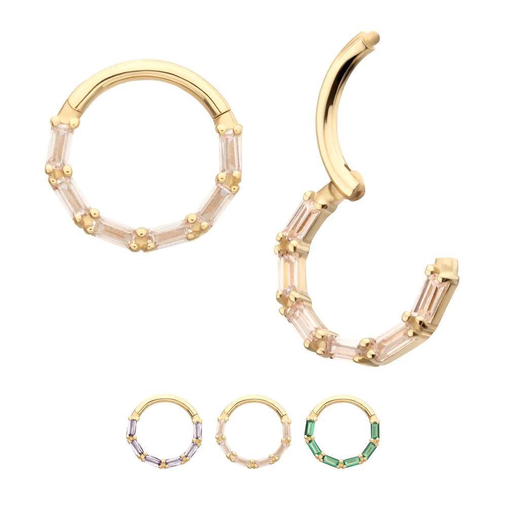 Invictus | 14k gold | Forward Facing Hinged Hoop | 6-Cluster Baguette | Clear CZ