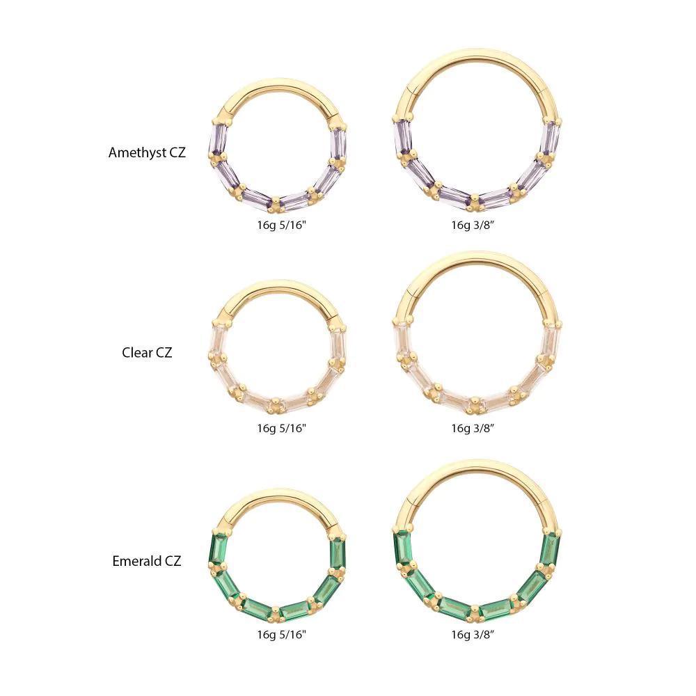 Invictus | 14k gold | Forward Facing Hinged Hoop | 6-Cluster Baguette | Clear CZ