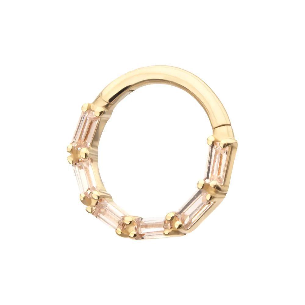 Invictus | 14k gold | Forward Facing Hinged Hoop | 6-Cluster Baguette | Emerald CZ