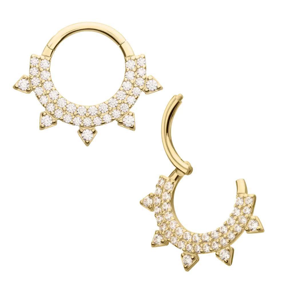 Invictus | 14k gold | Front Facing Hinged Hoop | Double Row Pave with Spike | Clear CZ