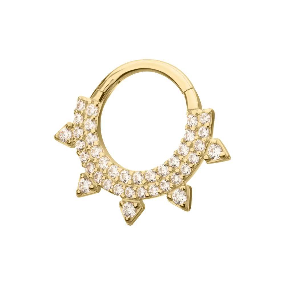 Invictus | 14k gold | Front Facing Hinged Hoop | Double Row Pave with Spike | Clear CZ