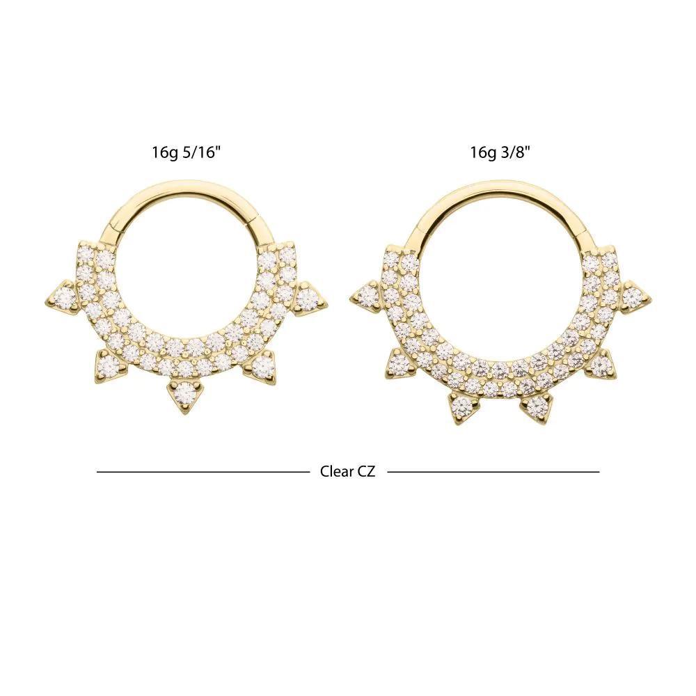 Invictus | 14k gold | Front Facing Hinged Hoop | Double Row Pave with Spike | Clear CZ