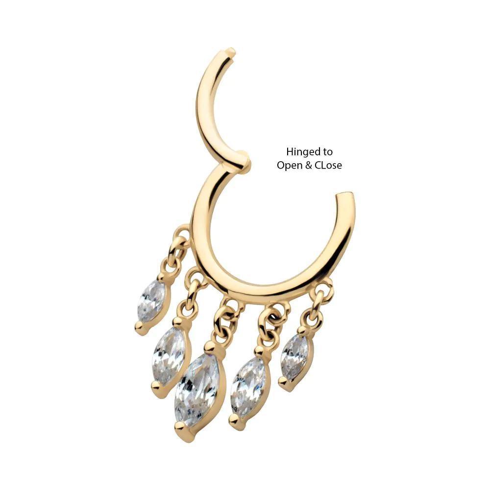 Invictus | 14k gold | 5-Marquise Dangle Hinged Hoop