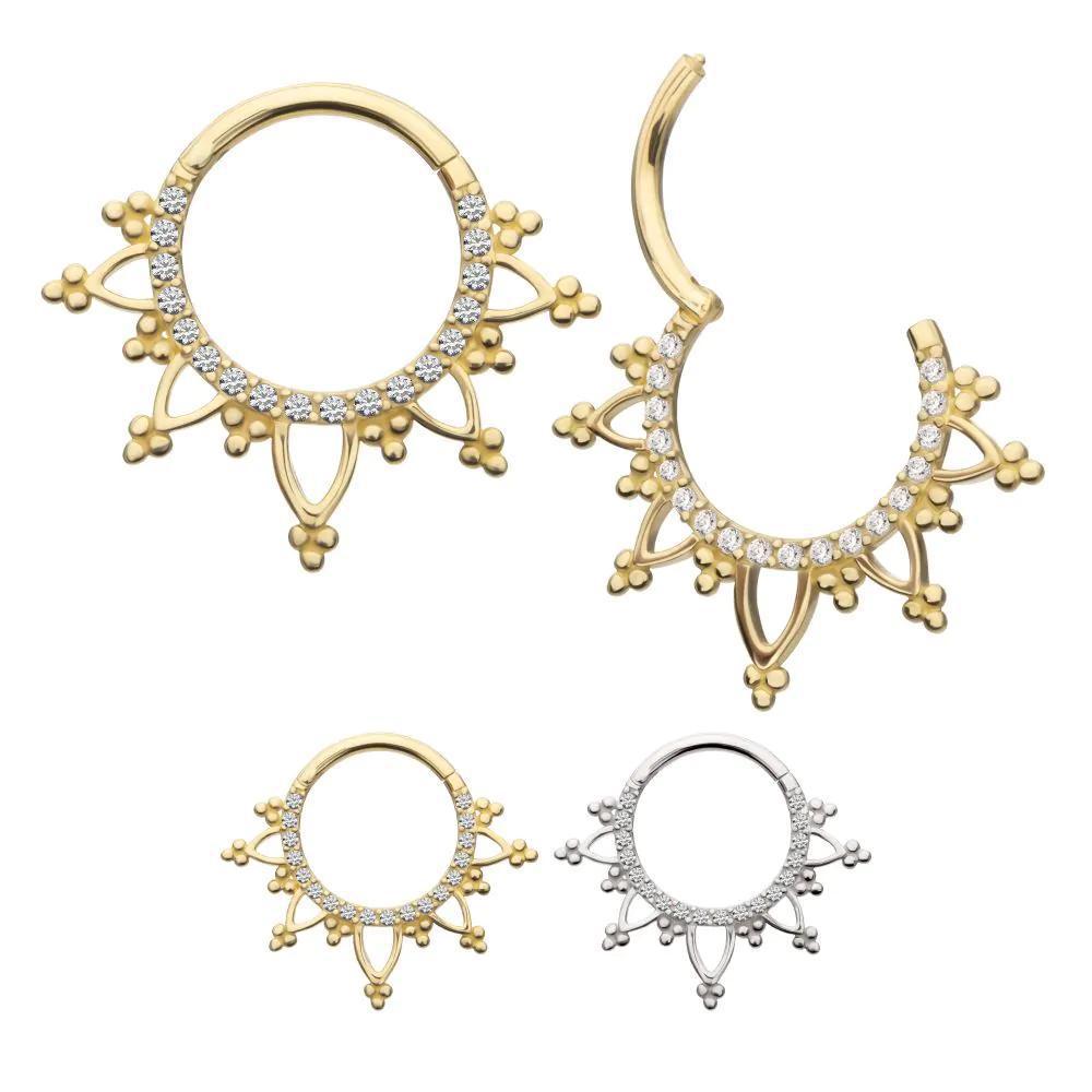 Invictus | 14k gold | Beaded Edge with 1mm Gems | Front Facing Hinged Hoop | Clear CZ