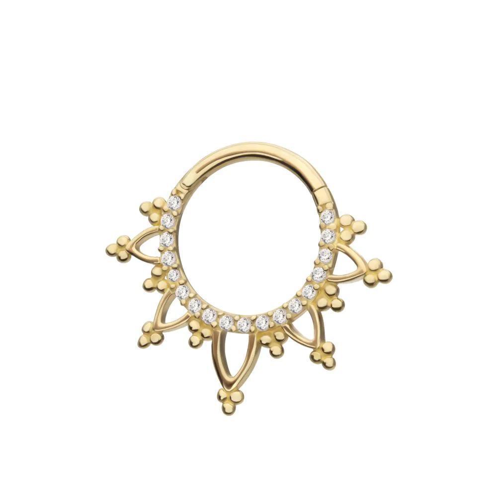 Invictus | 14k gold | Beaded Edge with 1mm Gems | Front Facing Hinged Hoop | Clear CZ