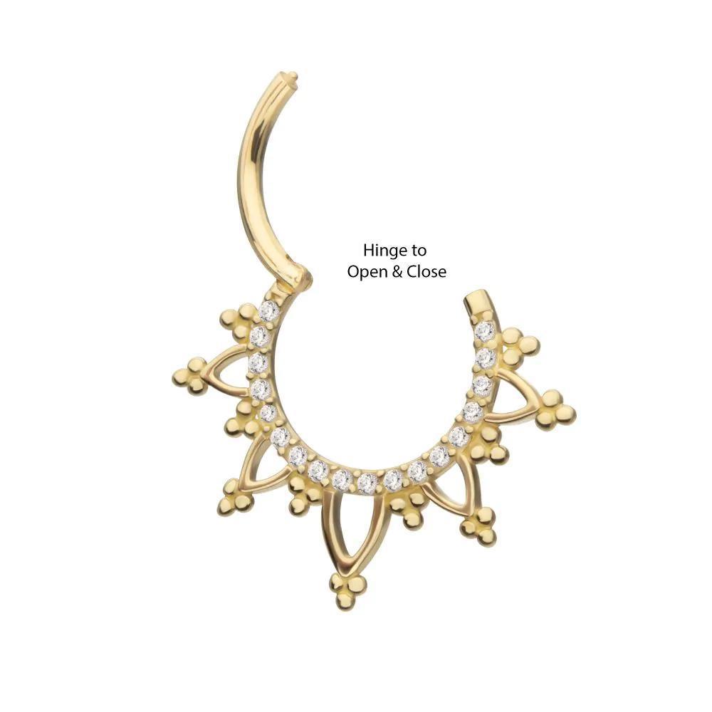 Invictus | 14k gold | Beaded Edge with 1mm Gems | Front Facing Hinged Hoop | Clear CZ