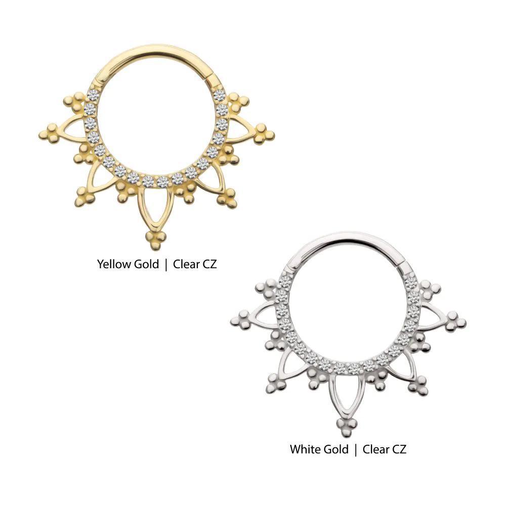 Invictus | 14k gold | Beaded Edge with 1mm Gems | Front Facing Hinged Hoop | Clear CZ