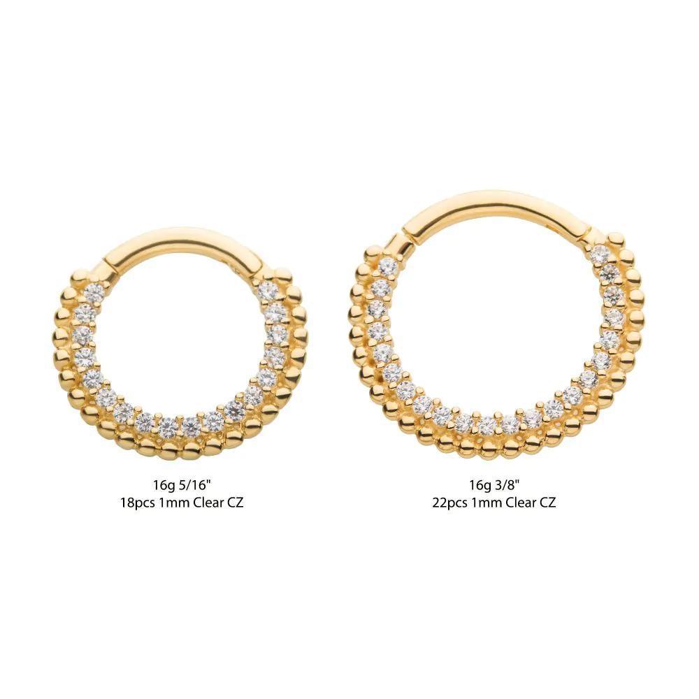Invictus | 14k gold | Beaded Edge Front Facing Hinged Hoop | Clear CZ