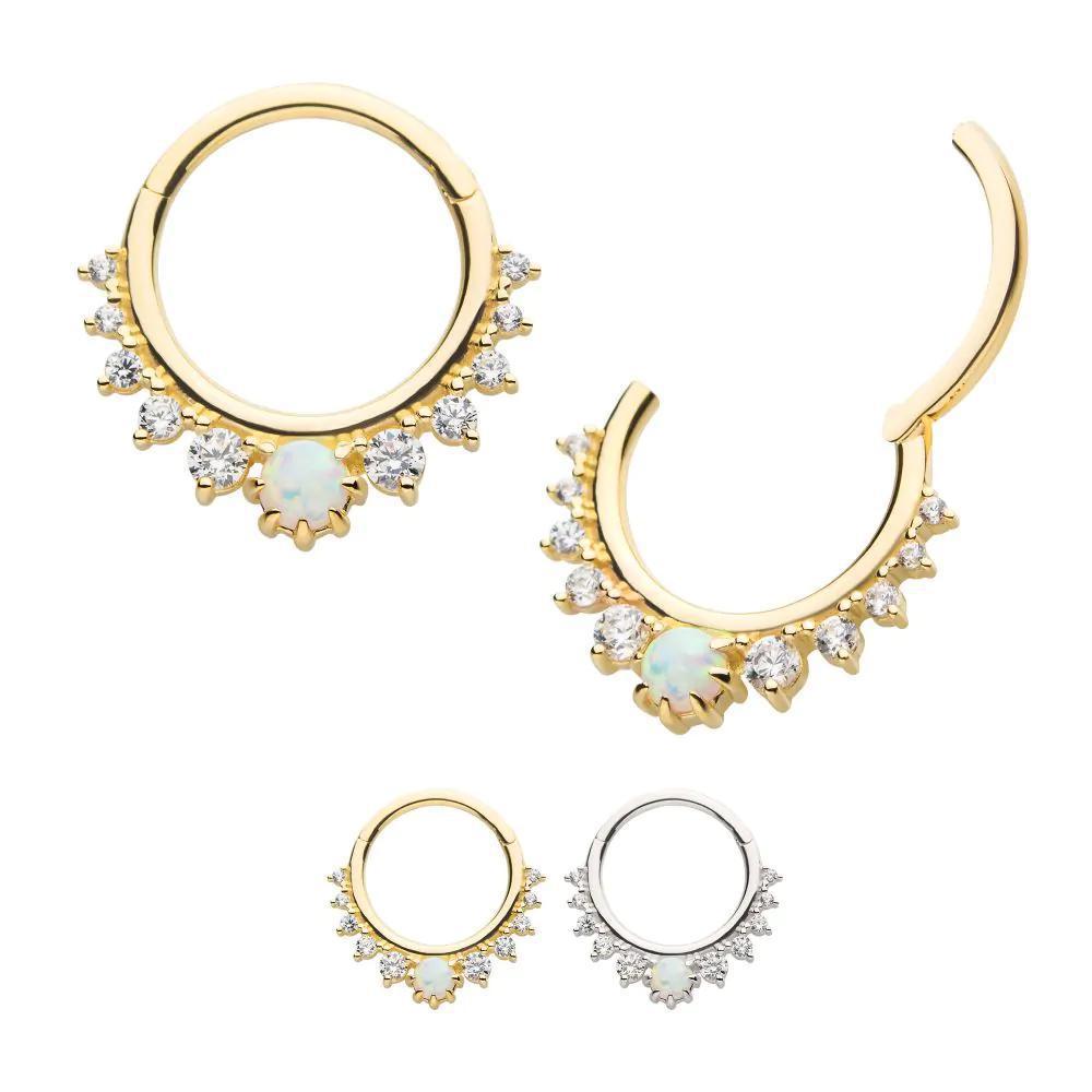 Invictus | 14k gold | Gem Cluster Front Facing Hinged Hoop | Synthetic White Opal