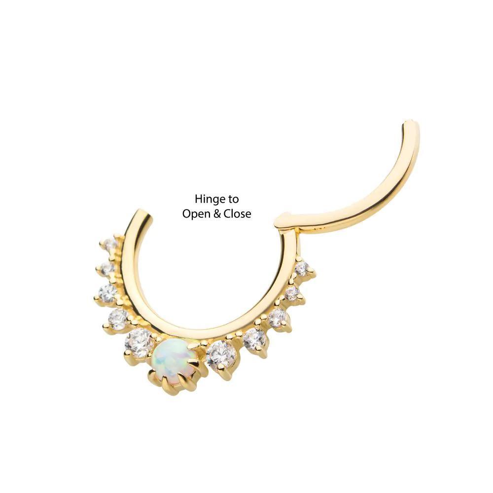 Invictus | 14k gold | Gem Cluster Front Facing Hinged Hoop | Synthetic White Opal
