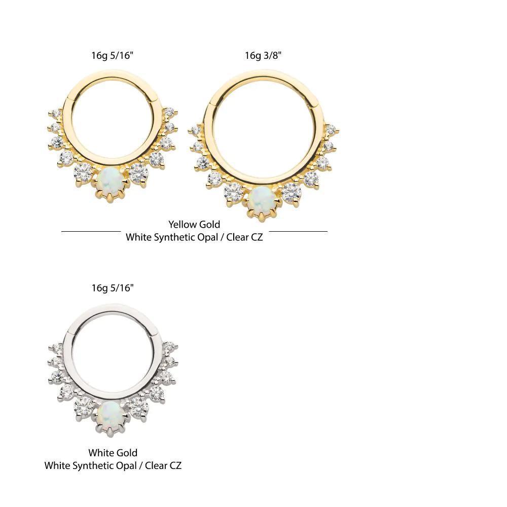 Invictus | 14k gold | Gem Cluster Front Facing Hinged Hoop | Synthetic White Opal