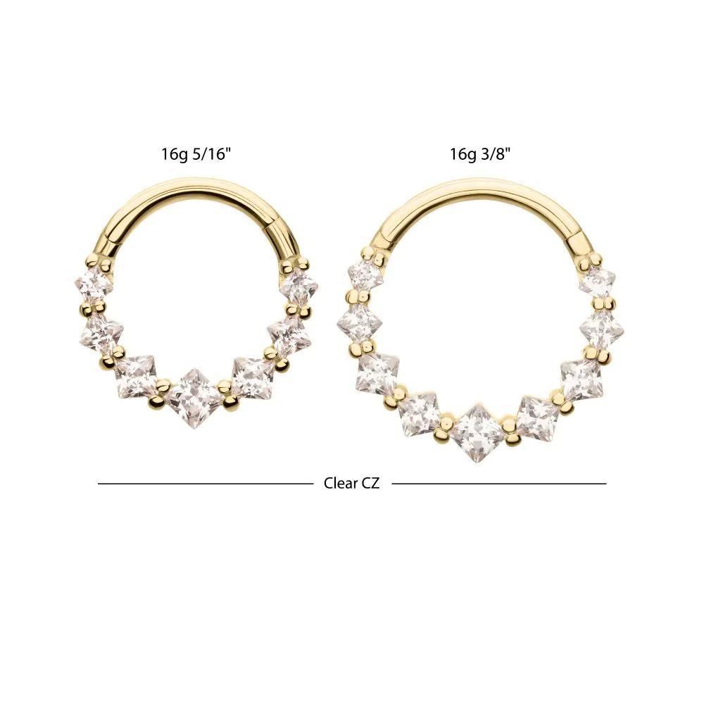 Invictus | 14k gold | Prong Princess Clear CZ Cluster Front Facing Hinged Hoop