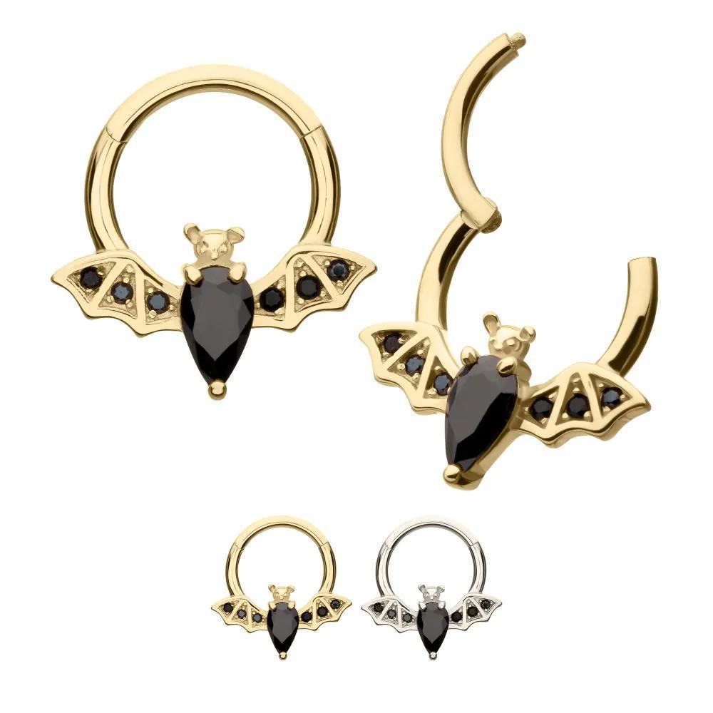 Invictus | 14k gold | Front Facing Hinged Hoop | Flying Bat with Prong-Set Gem | Black CZ