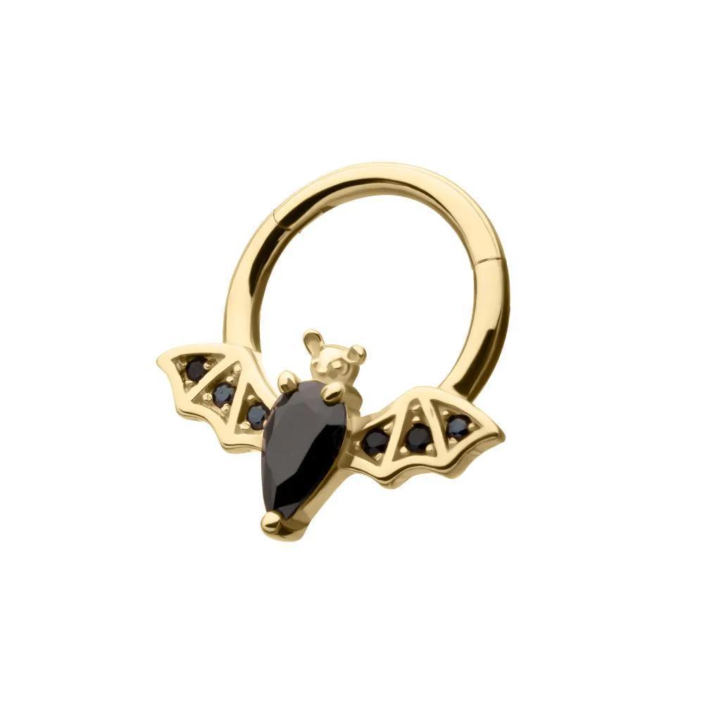 Invictus | 14k gold | Front Facing Hinged Hoop | Flying Bat with Prong-Set Gem | Black CZ