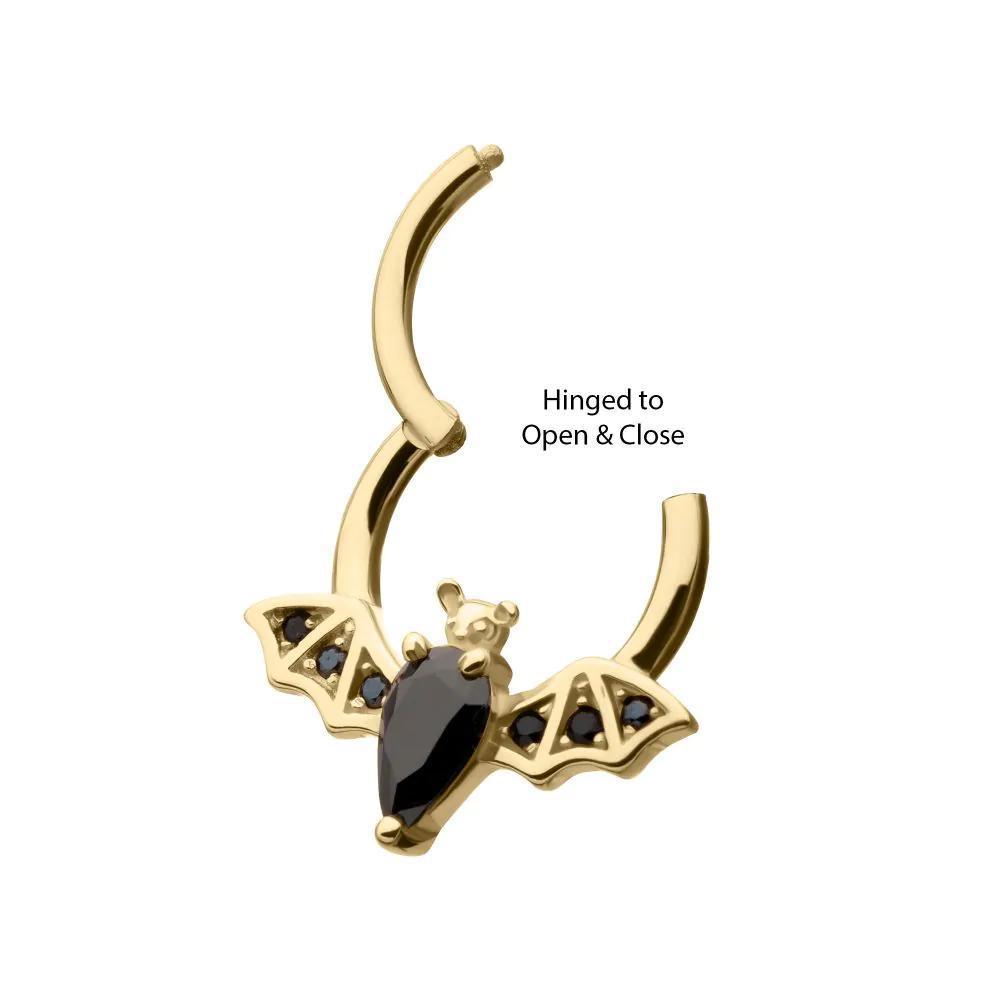 Invictus | 14k gold | Front Facing Hinged Hoop | Flying Bat with Prong-Set Gem | Black CZ
