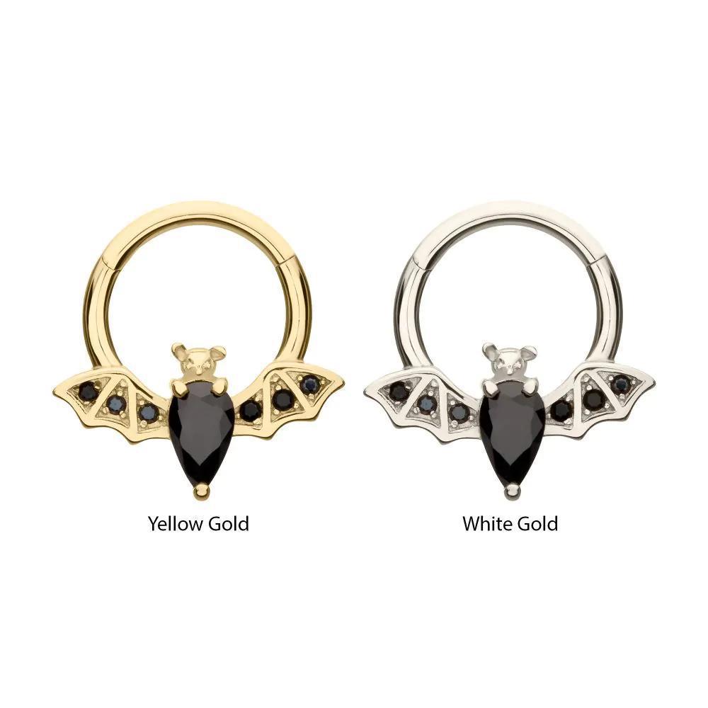 Invictus | 14k gold | Front Facing Hinged Hoop | Flying Bat with Prong-Set Gem | Black CZ