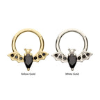 Invictus | 14k gold | Front Facing Hinged Hoop | Flying Bat with Prong-Set Gem | Black CZ