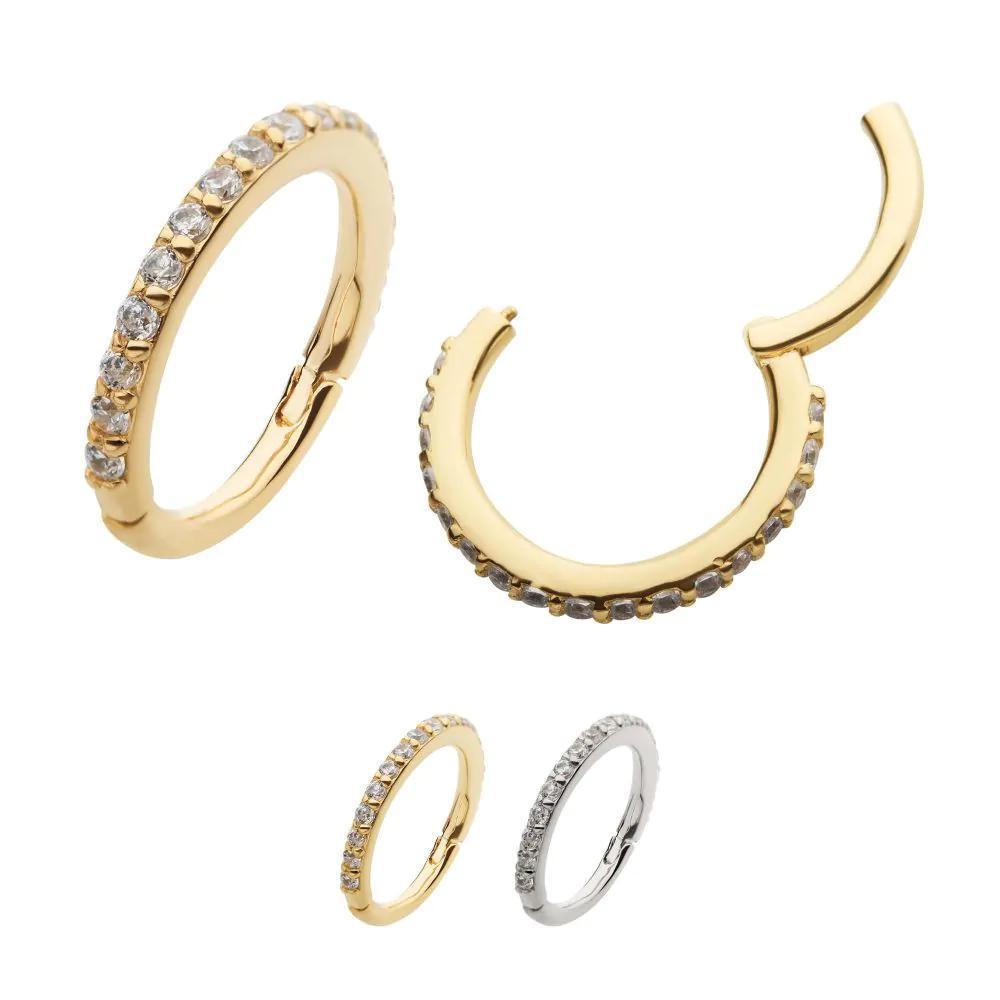 Invictus | 14k gold | Prong Set Eternity | Side Facing Hinged Hoop | Clear CZ