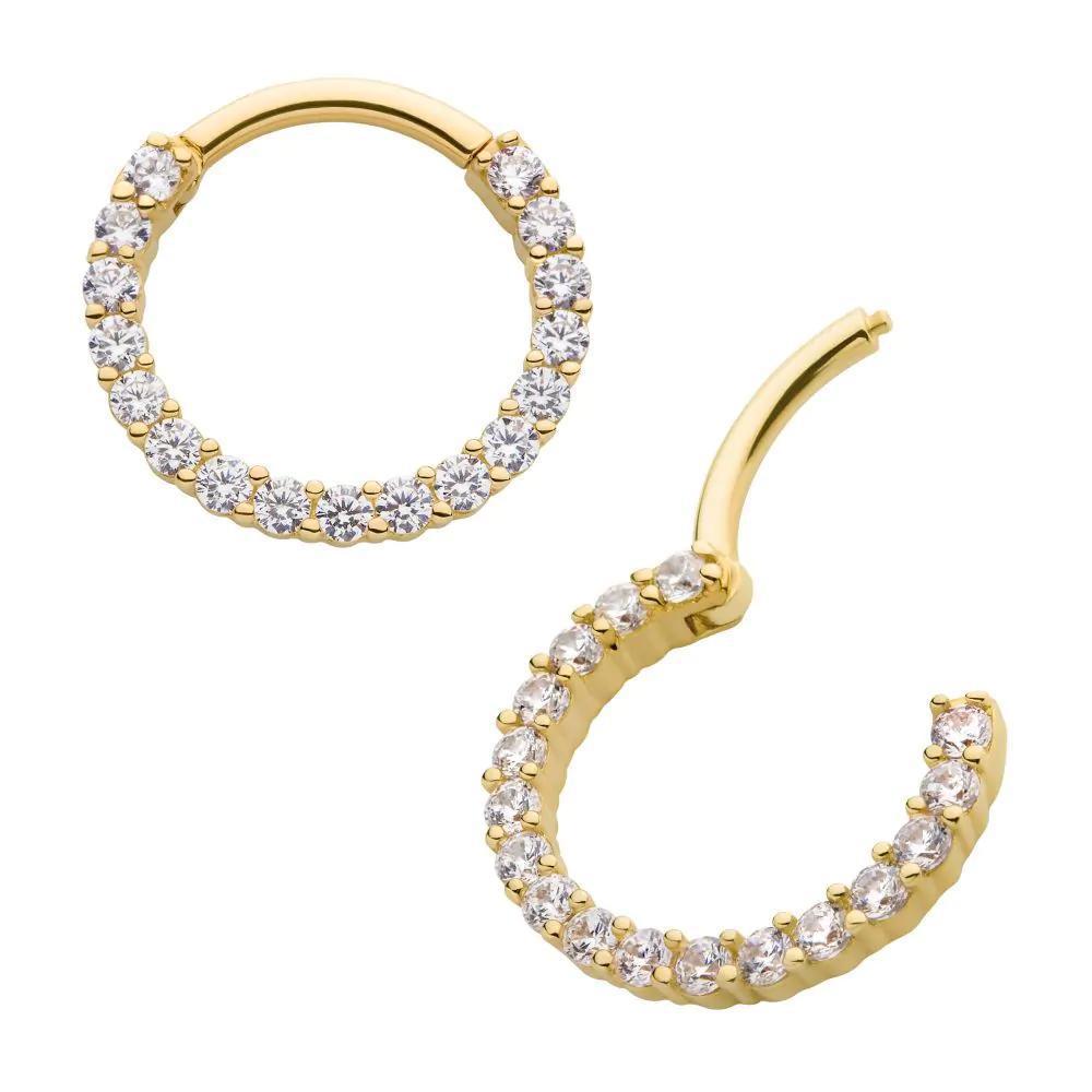 Invictus | 14k gold | Front Facing Hinged Hoop | Prong-Set Gem | Clear CZ