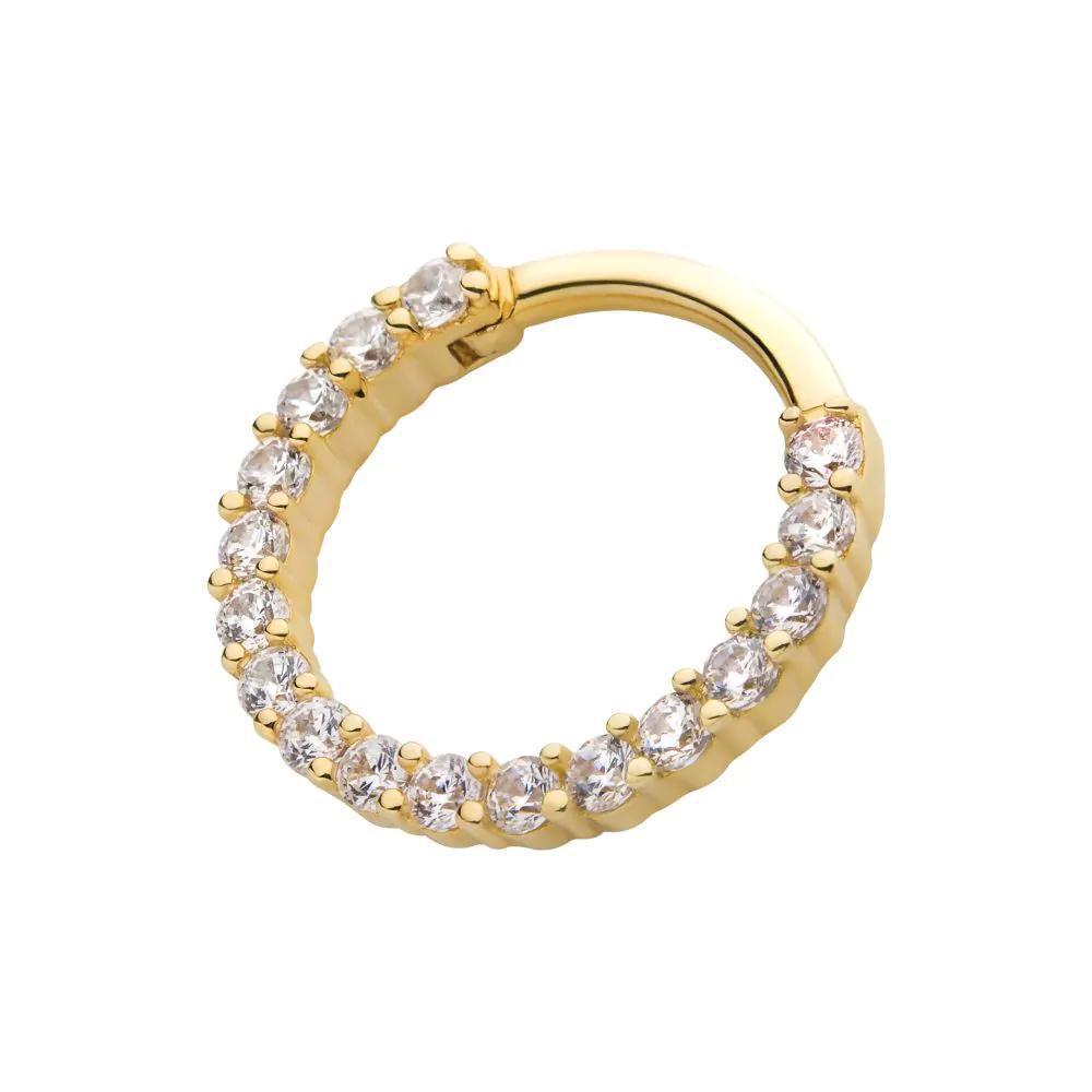 Invictus | 14k gold | Front Facing Hinged Hoop | Prong-Set Gem | Clear CZ