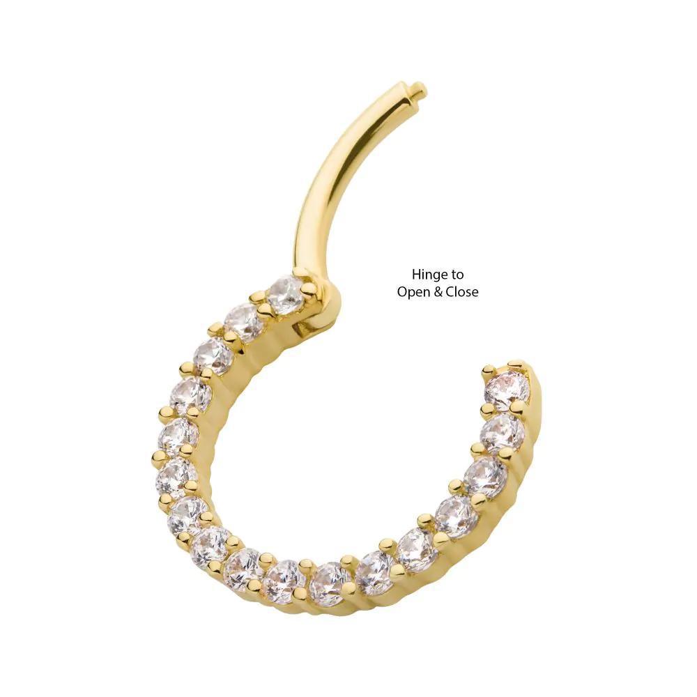 Invictus | 14k gold | Front Facing Hinged Hoop | Prong-Set Gem | Clear CZ