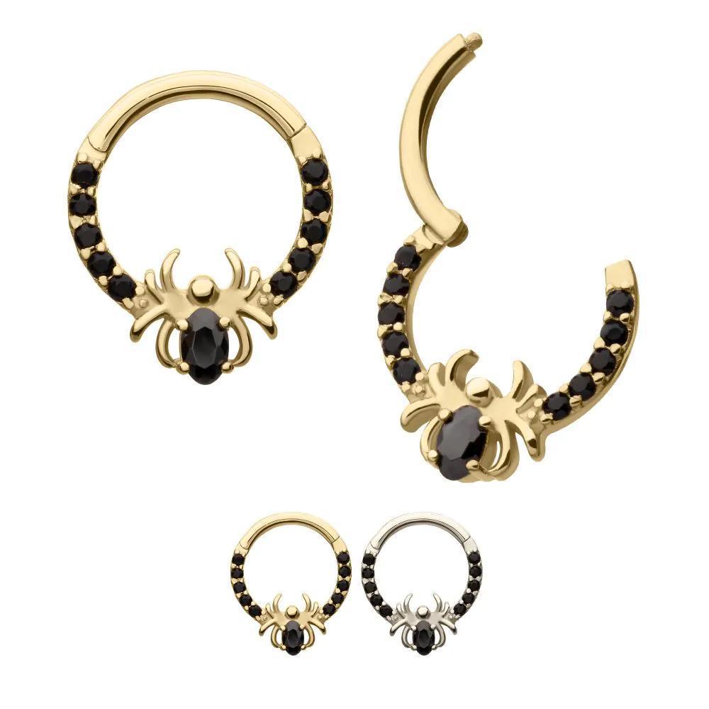 Invictus | 14k gold | Front Facing Hinged Hoop | Black Gem Spider