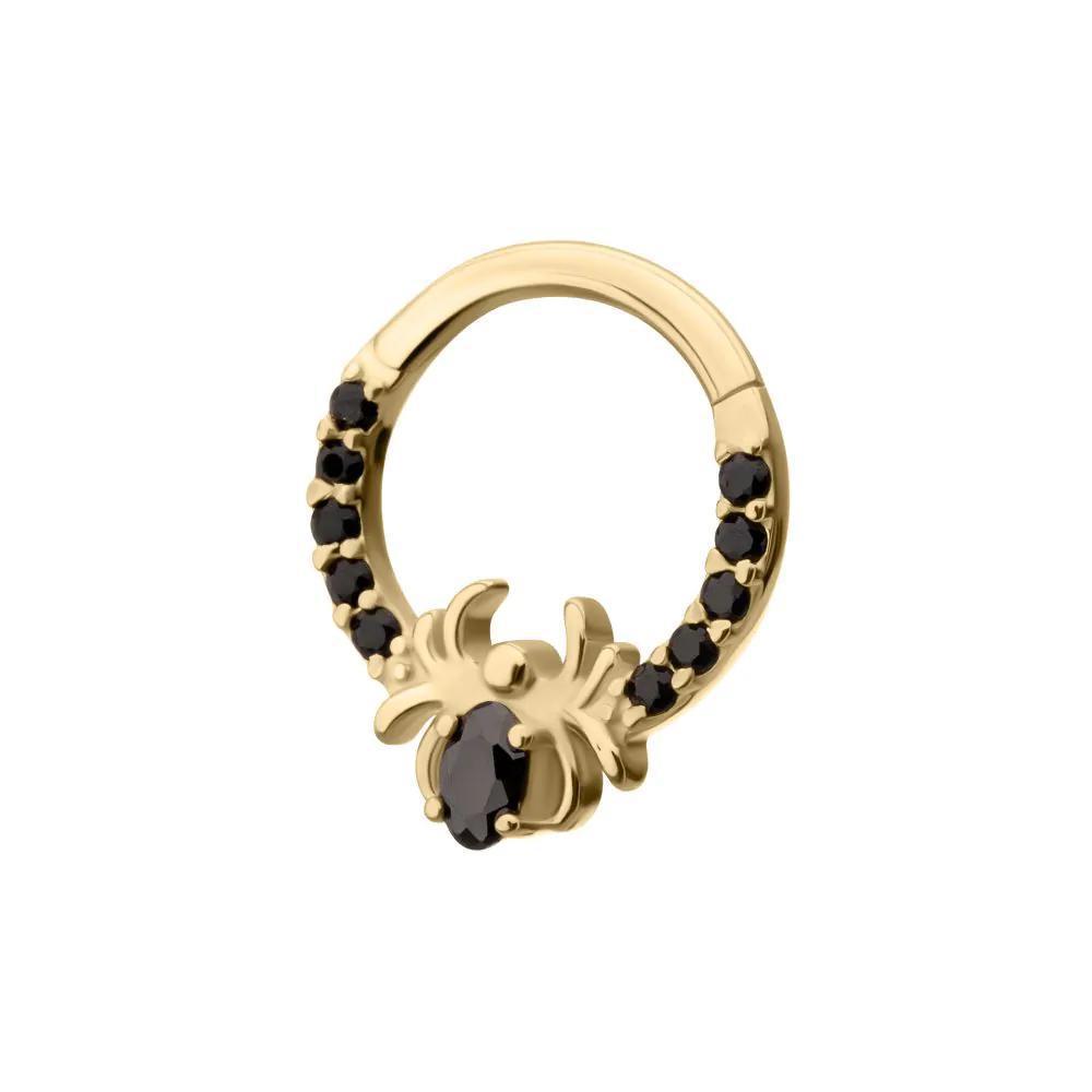 Invictus | 14k gold | Front Facing Hinged Hoop | Black Gem Spider