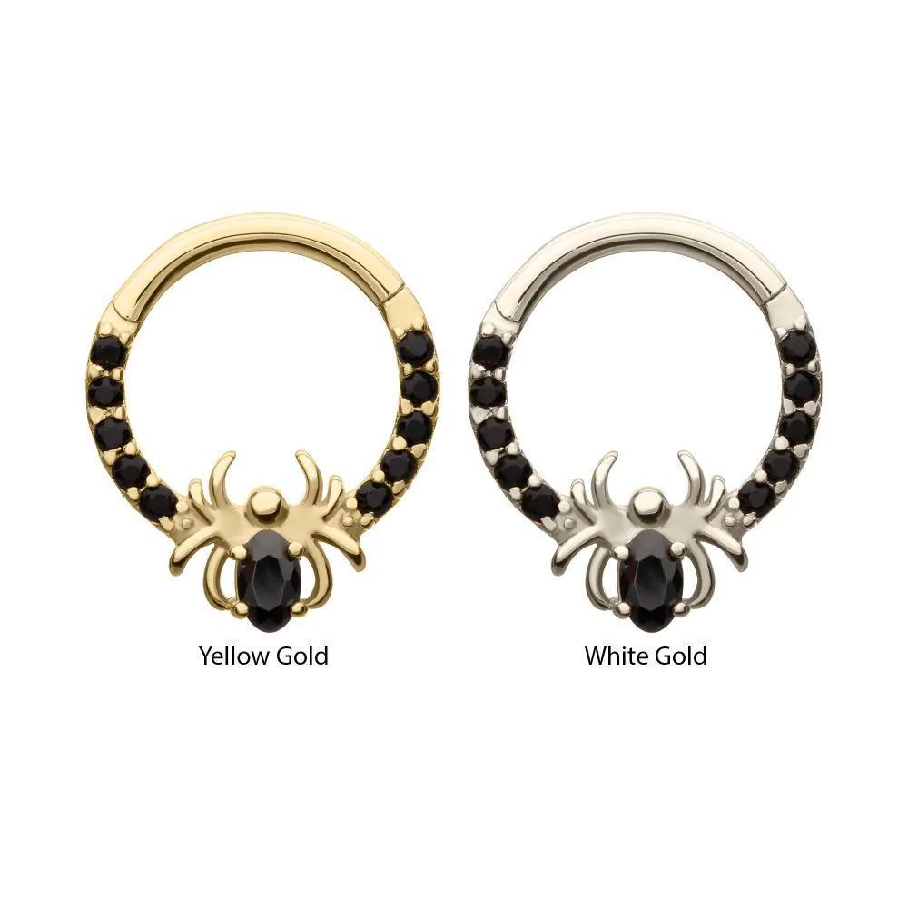 Invictus | 14k gold | Front Facing Hinged Hoop | Black Gem Spider