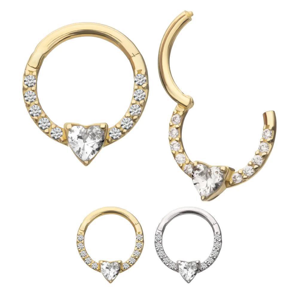 Invictus | 14k gold | Front Facing Hinged Hoop | Heart CZ