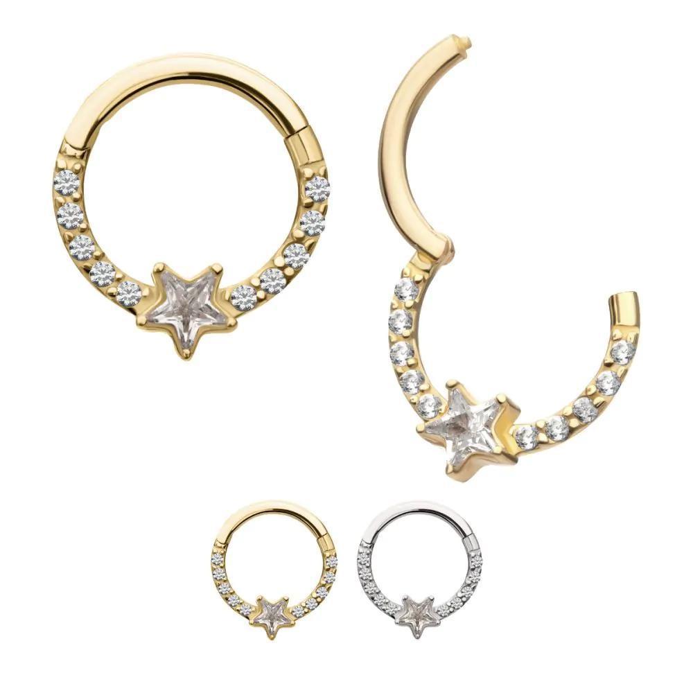 Invictus | 14k gold | Forward Facing Hinged Hoop | Star CZ